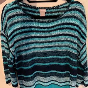 Chicos 2 Womens Medium Striped Knit Sweater Blue 3/4  Sleeve